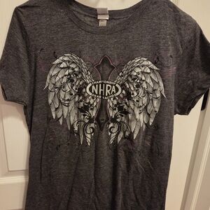 Gray Graphic Womens T-Shirt Drag Racing NHRA skull Angel Wings Nitro Angel Large